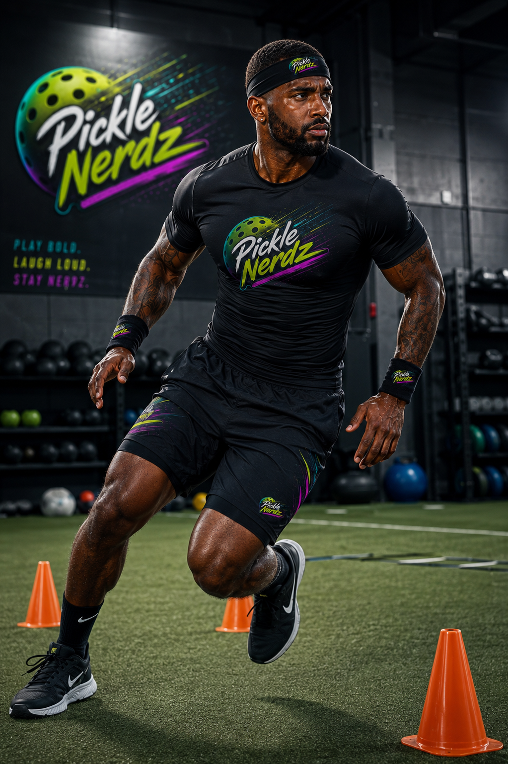 Pickle Nerdz athlete completing an agility drill in black performance apparel