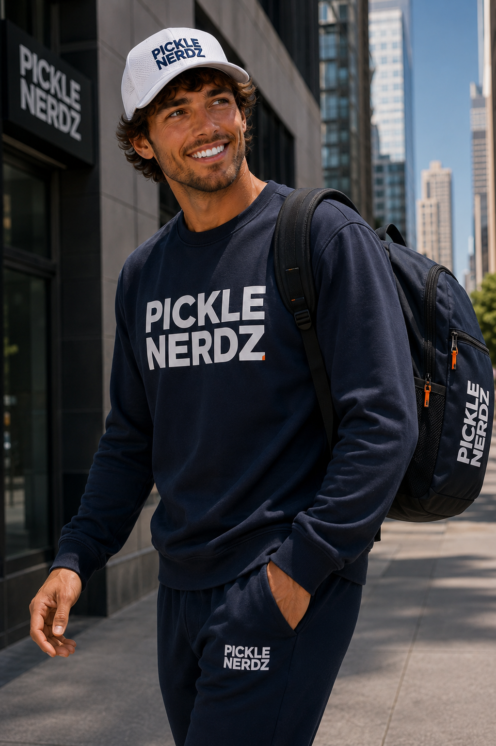 Pickle Nerdz athlete wearing navy performance apparel in the city